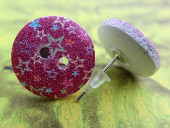 Preview: Holzknopf Ohrstecker Pink Punk Stern Button